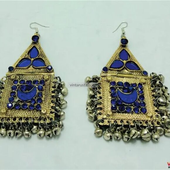 Pure Vintage Blue Dangle Earrings With Bells, Afghan Kuchi Massive Earrings - Picture 8 of 8